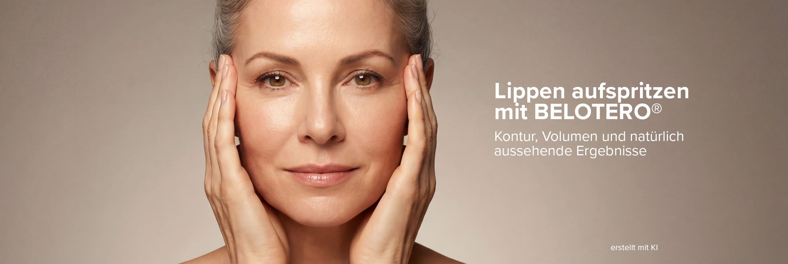 Frau hält beide Hände an die Wangen, daneben Text: Lippen aufspritzen mit BELOTERO®. Kontur, Volumen und natürlich aussehende Ergebnisse