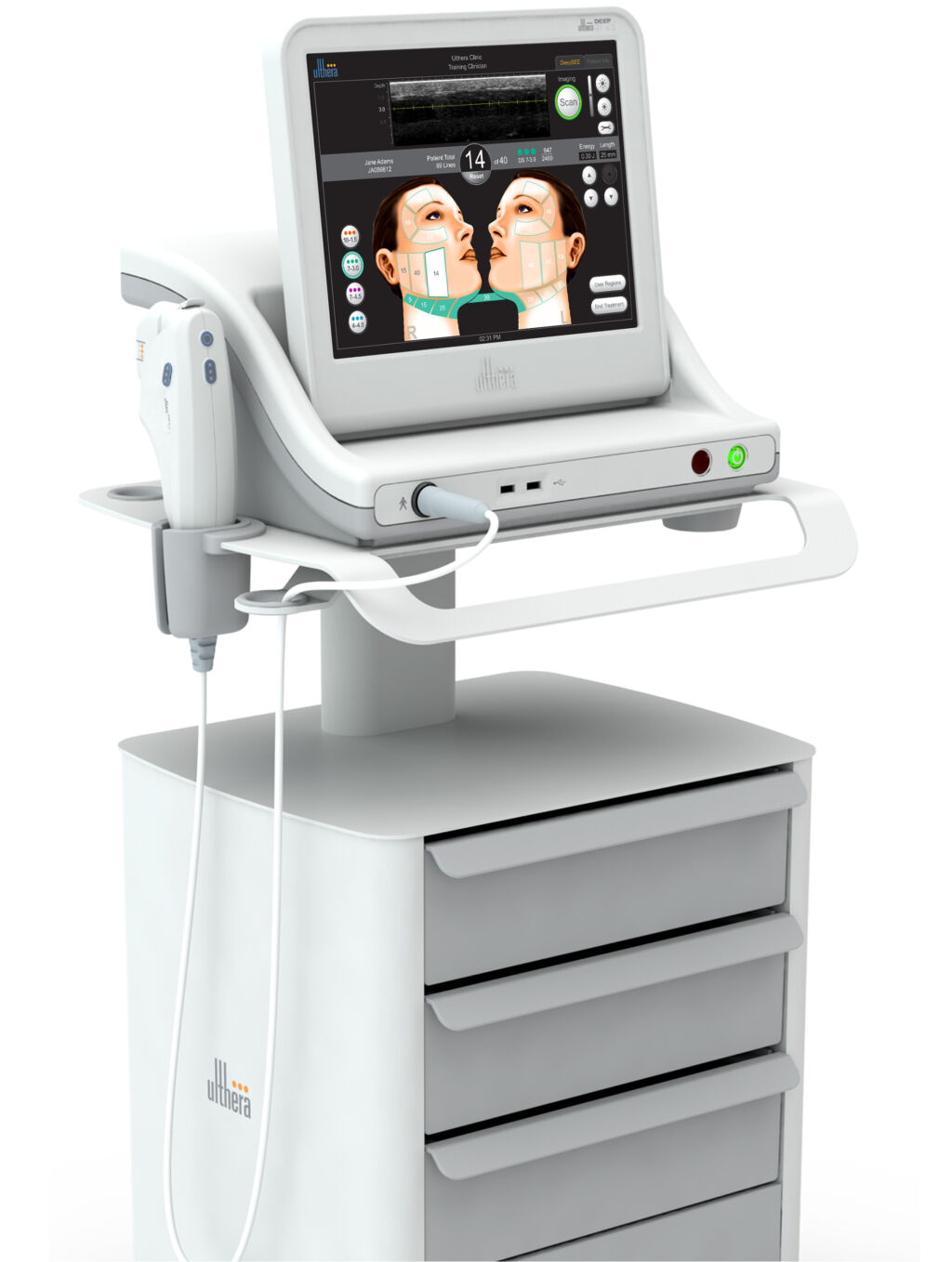Ein Gerät von Ultherapy® für ein innovatives, nichtinvasives Verfahren, bei dem mikrofokussierte Ultraschallwellen gezielt in tieferliegende Hautschichten geschickt werden.